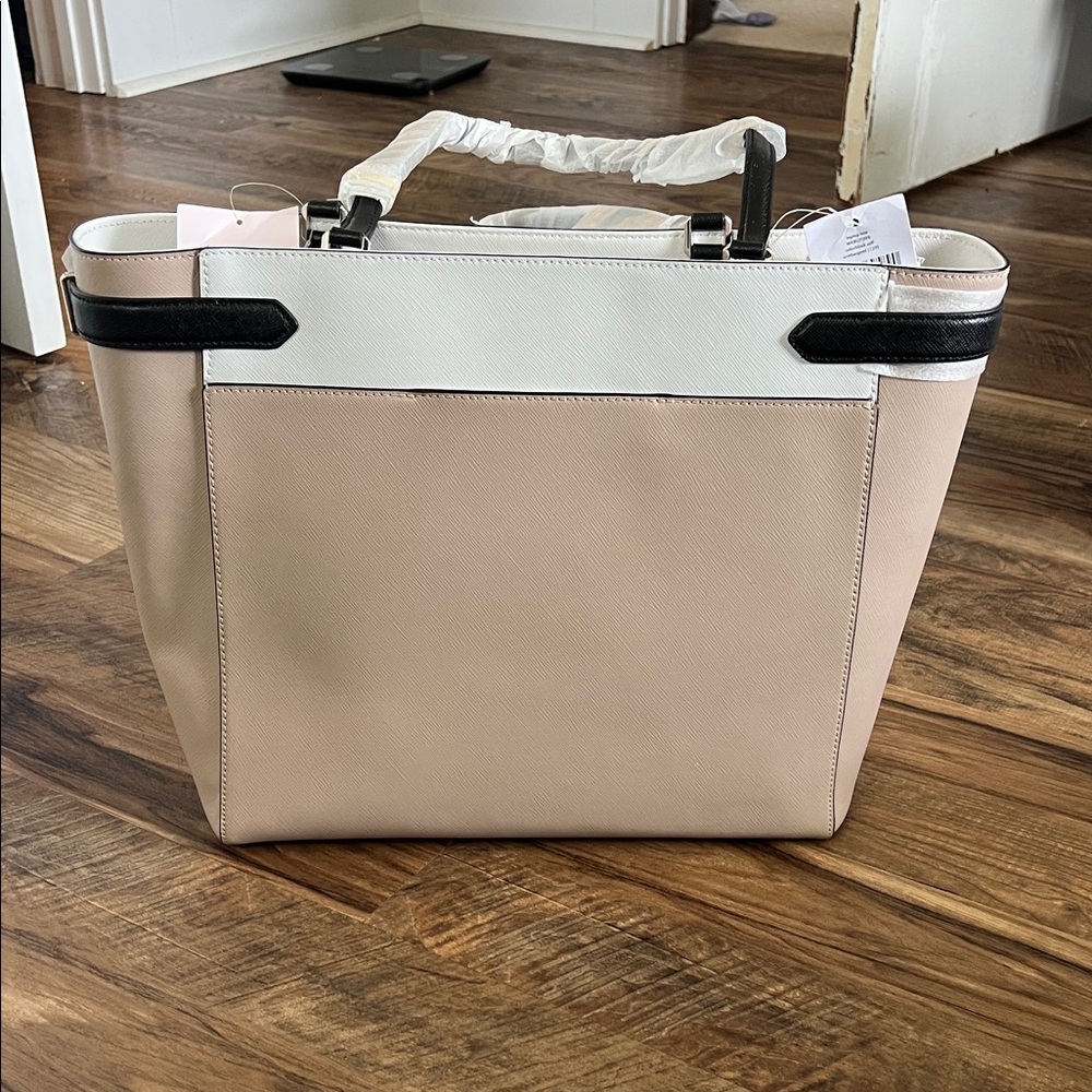 Kate Spade Laptop Tote WKRU7088 Colorblock Saffiano Leather Warm Beige - Picture 4 of 11